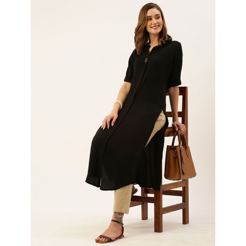 Odette Black Synthetic Solid Straight Stitched Kurta (XL)