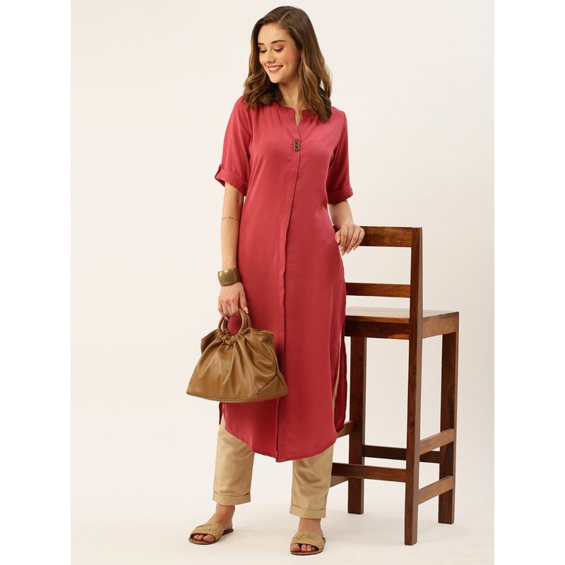 Odette Peach Synthetic Solid Straight Stitched Kurta (M)