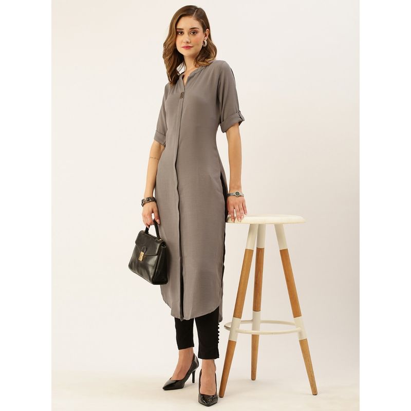 Odette Grey Synthetic Solid Straight Stitched Kurta (M)