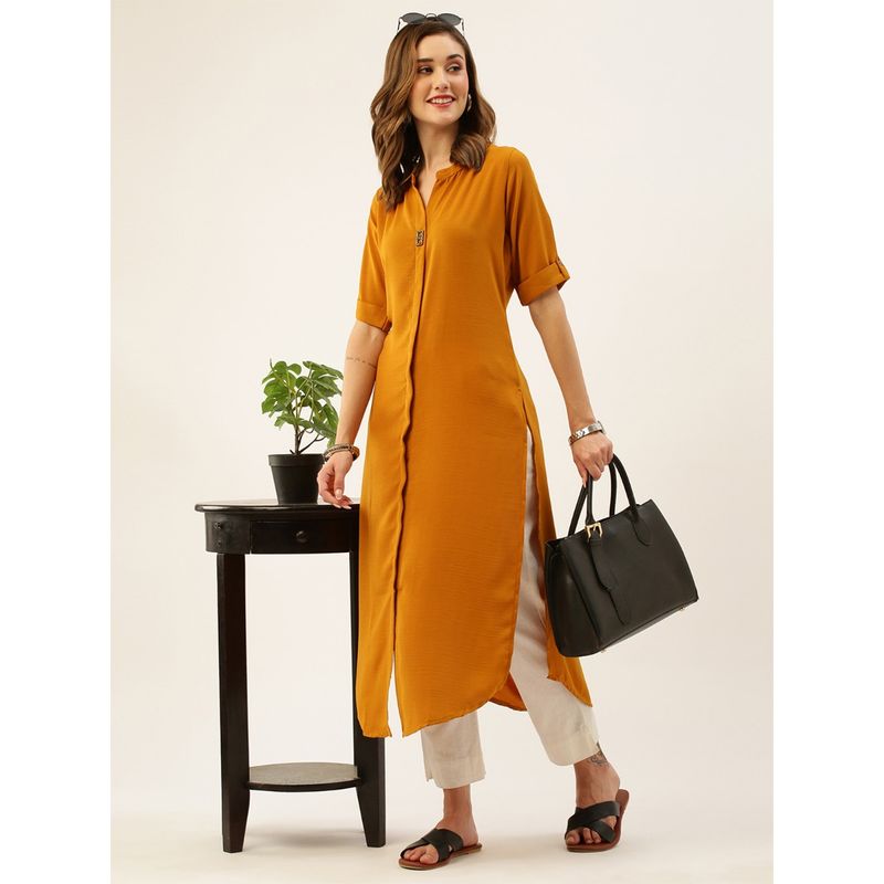 Odette Mustard Synthetic Solid Straight Stitched Kurta (2XL)