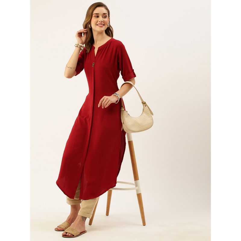 Odette Maroon Synthetic Solid Straight Stitched Kurta (XL)