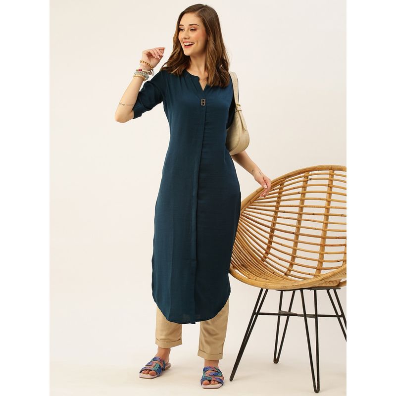 Odette Teal Synthetic Solid Straight Stitched Kurta (M)