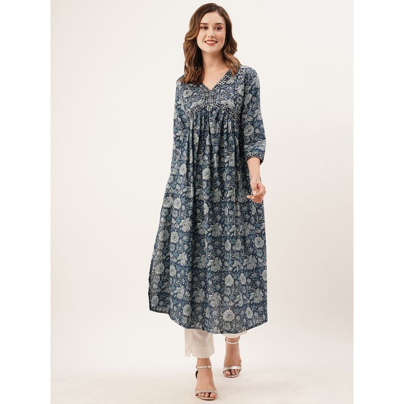 Odette Blue Cotton Printed Fit and Flare Stitched Kurta (L)