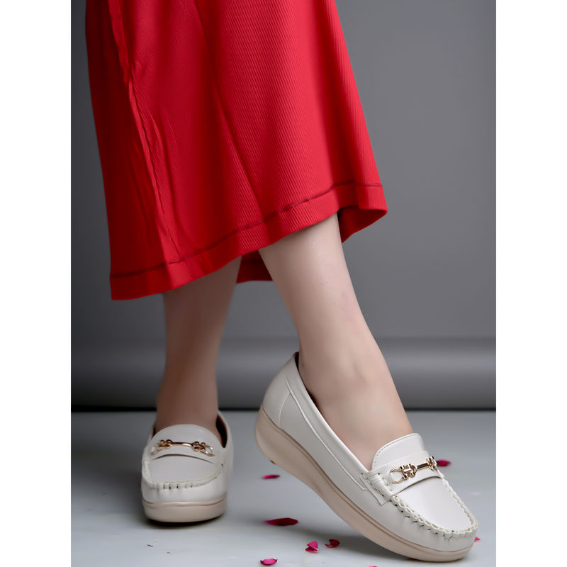 Shoetopia Women Buckle Detailed Casual Cream Loafers (EURO 36)