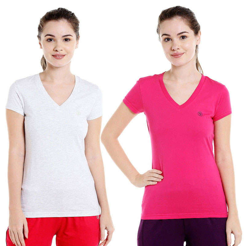 Bodyactive Multi Color T-shirt for Women - TS14-HTGREYRA-2PCS-S