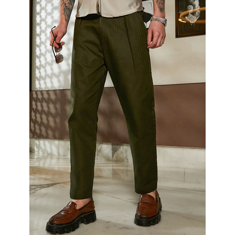 Campus Sutra Green Stripes Regular Fit Trouser (30)