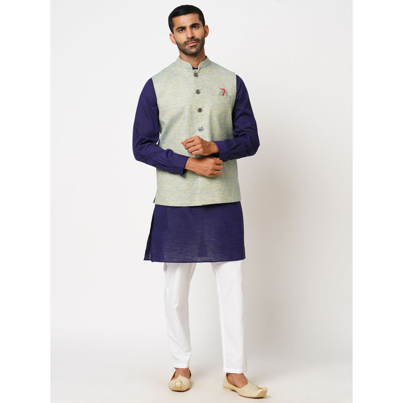 Indivisual Men's Two tone Yarn Dyed Lime Zest Nehru Jacket (S)