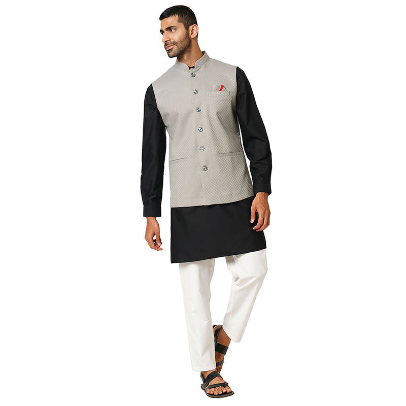 Indivisual Men's Jacquard Pearl Grey Nehru Jacket (M)