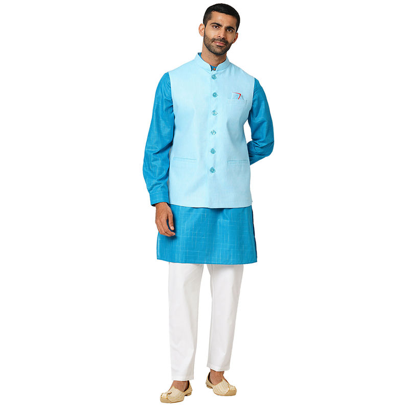 Indivisual Men's Two tone Dobby Sky Blue Nehru Jacket (M)