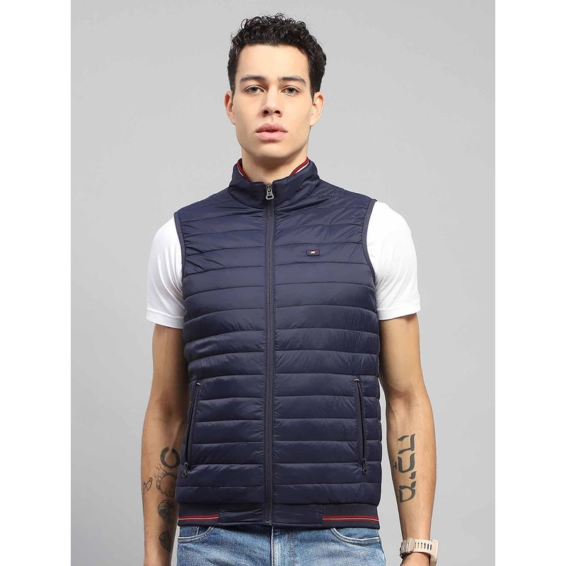 Monte Carlo Mens Solid Navy Blue Mock Neck Sleeveless Jacket (XL)