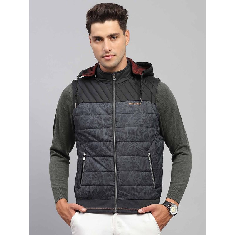 Monte Carlo Mens Solid Black Detachable Hoodie Sleeveless Jacket (XL)