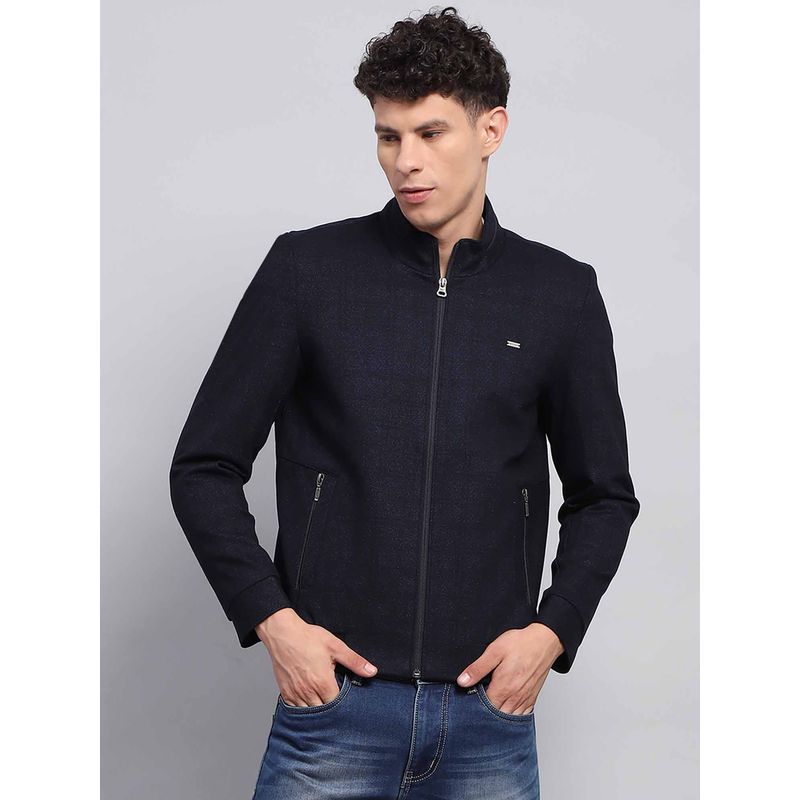 Monte Carlo Mens Solid Navy Blue Mock Neck Full Sleeve Jacket (M)