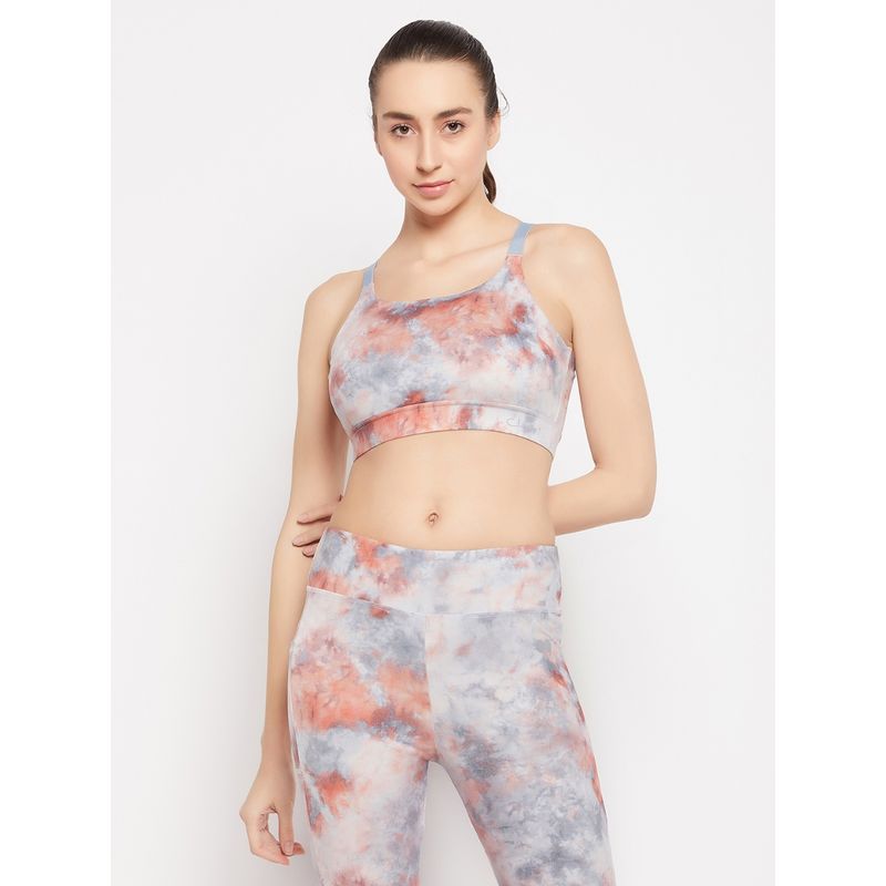 Clovia Medium Impact Padded Tie-Dye Print Sports Bra In Grey With Removable Cups (2XL)