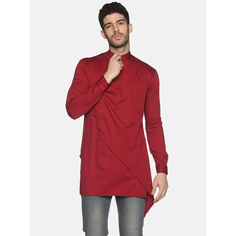 SHOWOFF Mens Casual Maroon Slim Fit Full Kurta (S)