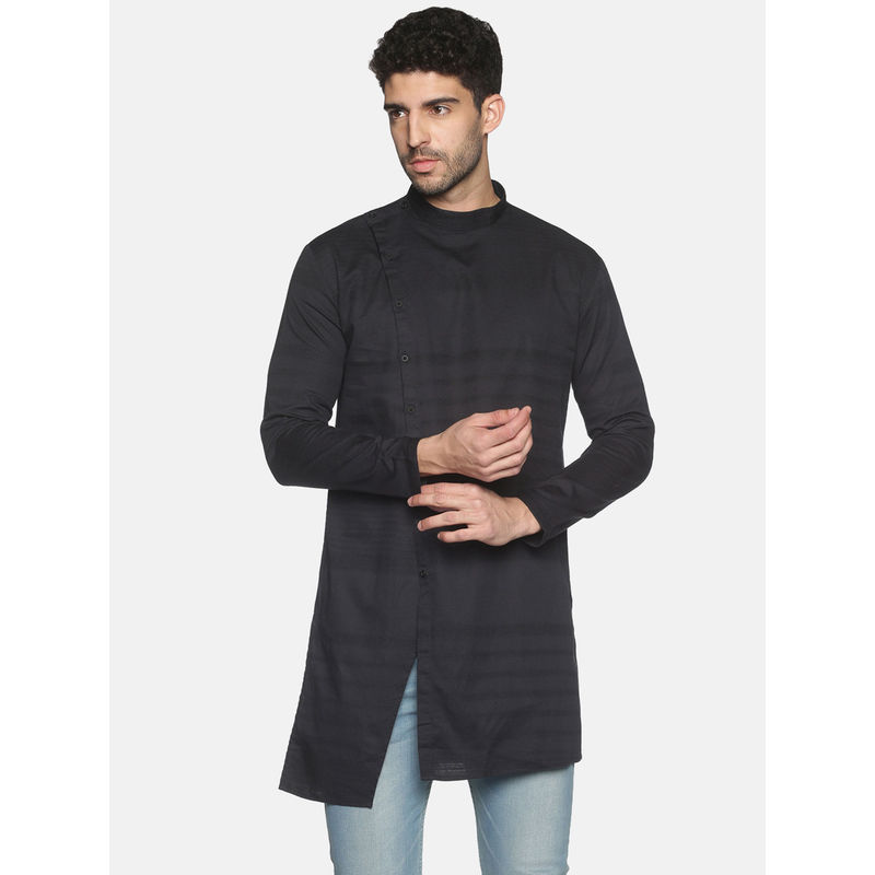 SHOWOFF Mens Casual Black Slim Fit Full Kurta (L)