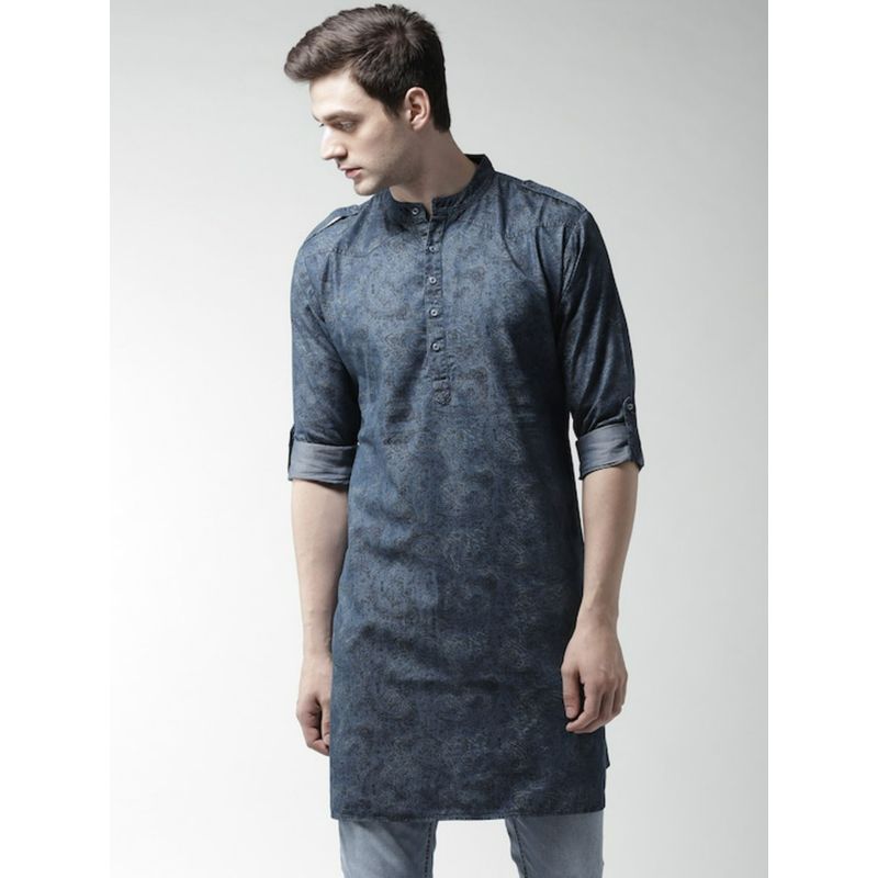 Style Quotient Men Blue Printed Denim Straight Kurta (S)