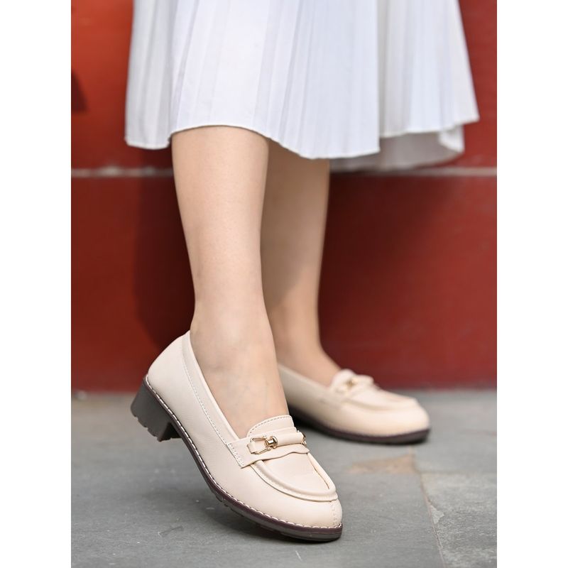 Shoetopia Women Upper Buckle Detailed Cream Loafers (EURO 39)