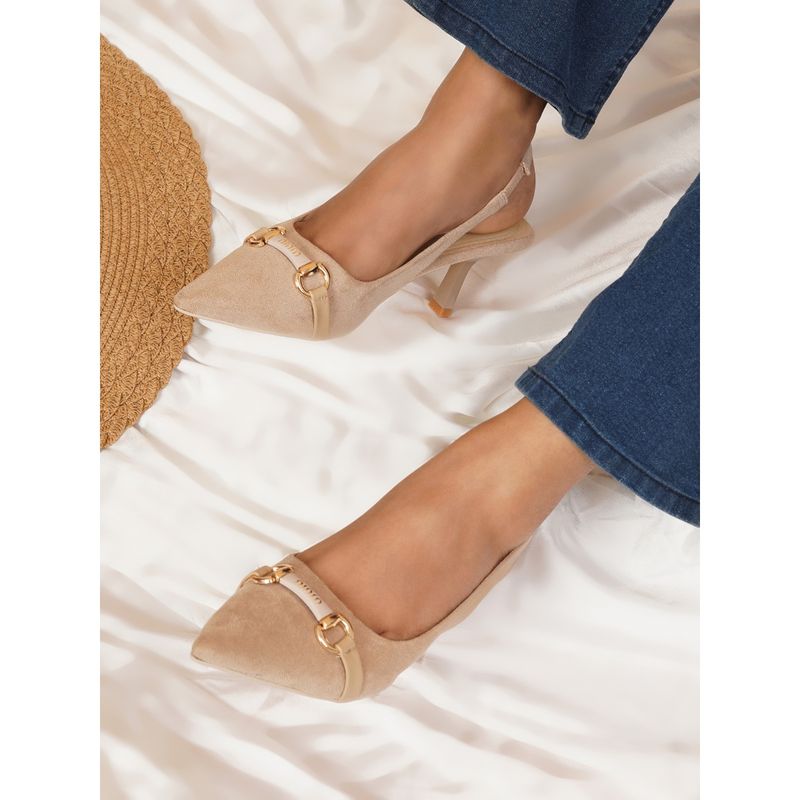 Sherrif Shoes Beige Pointed Toe Closed Back Mules Stiletto Heels (EURO 40)