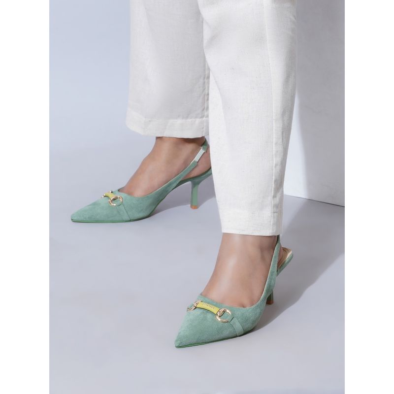 Sherrif Shoes Green Pointed Toe Closed Back Mules Stiletto Heels (EURO 34)