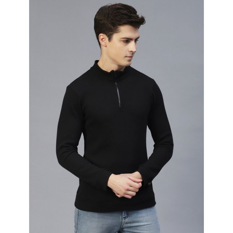 RIGO Men Black Henley Neck Full Sleeves Waffle Knit T-Shirt (L)