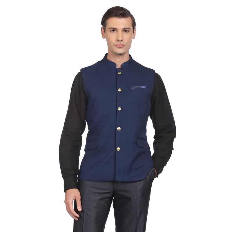 AD By Arvind Men Navy Blue Textured Tailored Regular Fit Nehru Jacket (38)