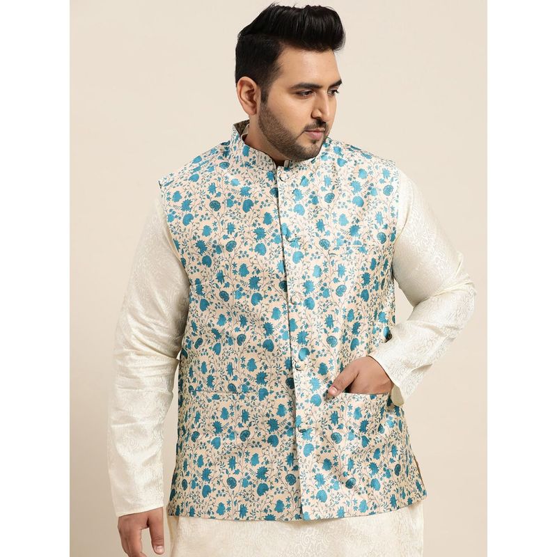 SOJANYA Men Silk Blend Blue Printed Nehru Jacket (3XL)