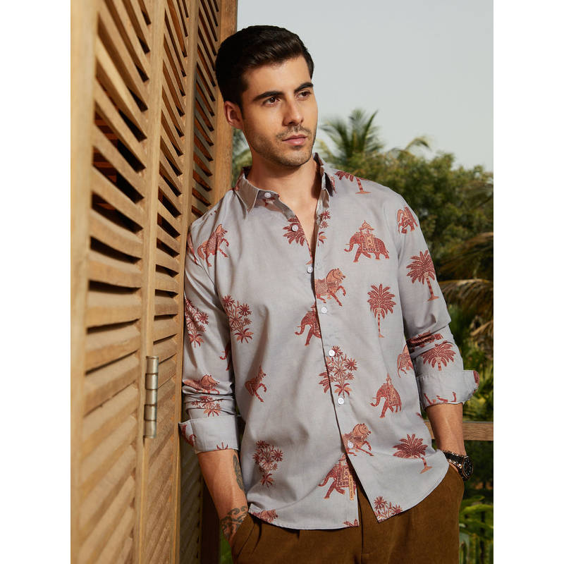 CAHOOT Men's Cloud Grey And Chocolate Brown Vedic-Imprint Shirt (S)