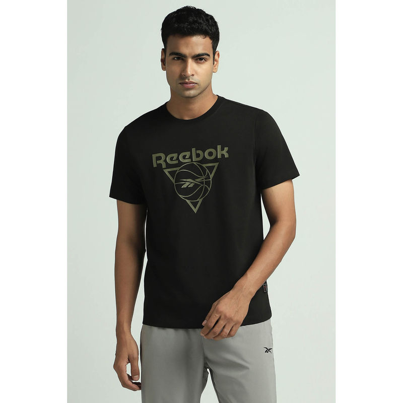 Reebok Black Printed Regular Fit T-Shirt (XS)