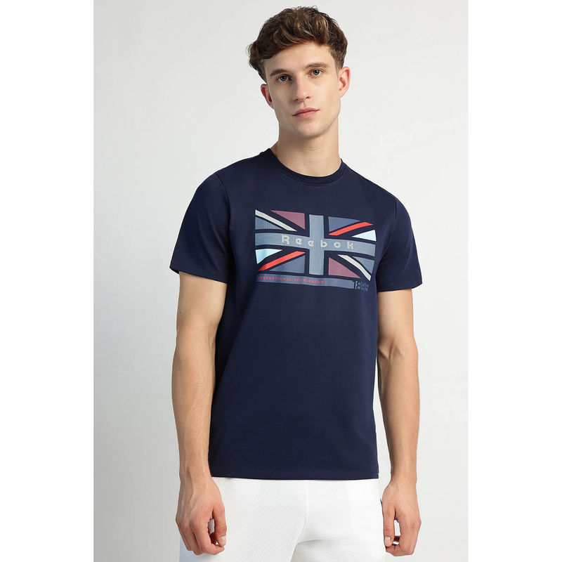 Reebok Navy Blue Printed Regular Fit T-Shirt (S)