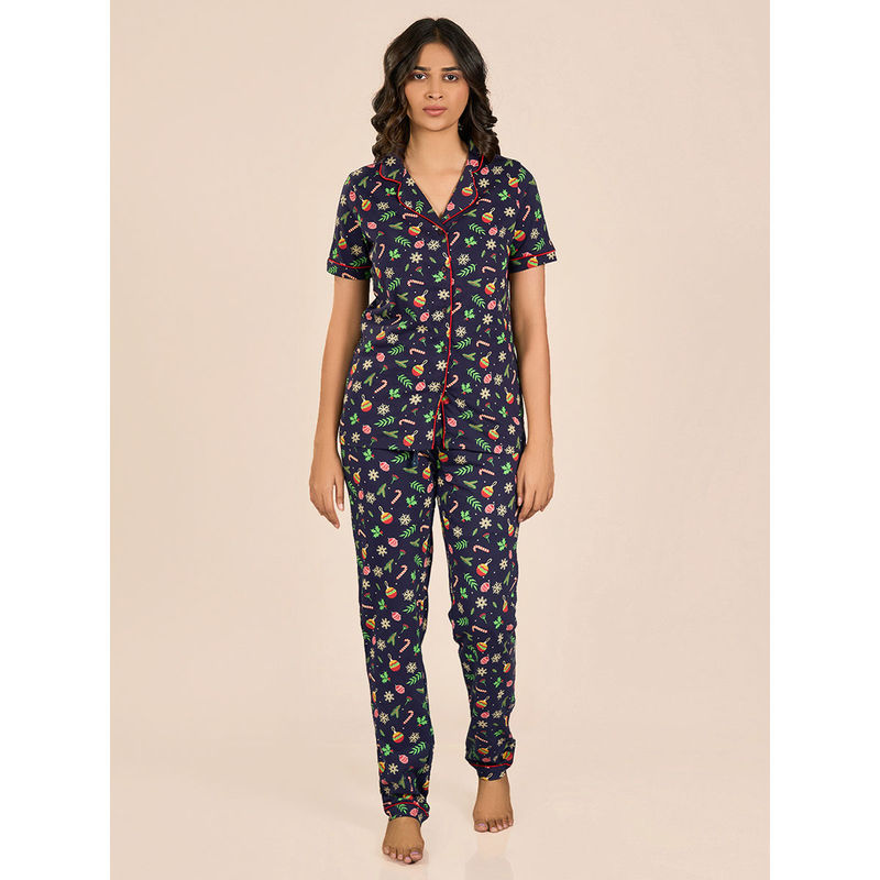 MAYSIXTY Women Cotton Blue Shorts Sleeve Printed Top and Pyjama (Set of 2) (S)