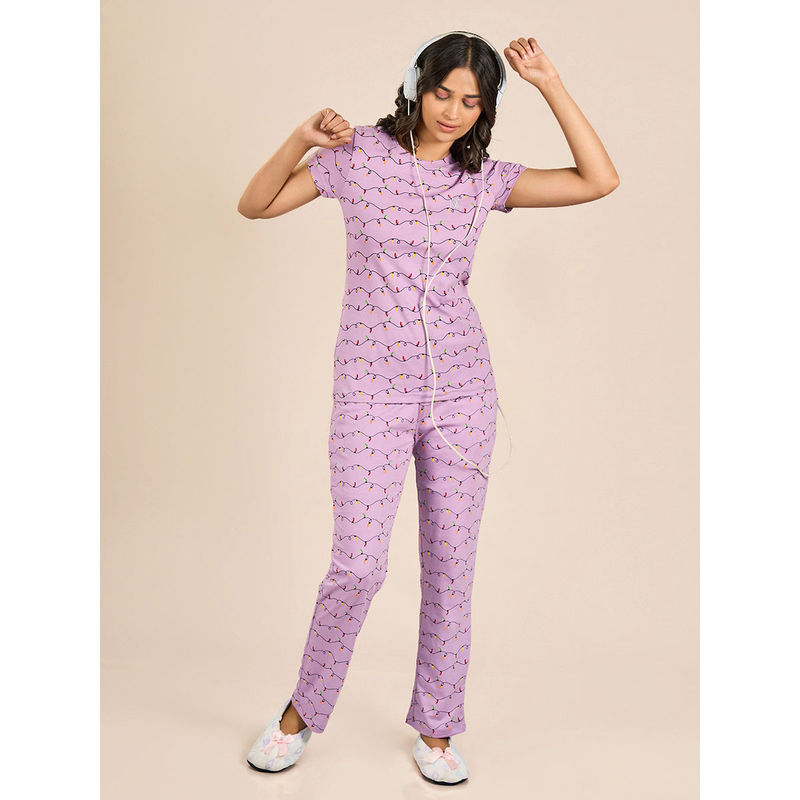 MAYSIXTY Women 100 Cotton Lavender Round Neck Shorts Sleeve Printed Top and Pyjama (Set of 2) (L)