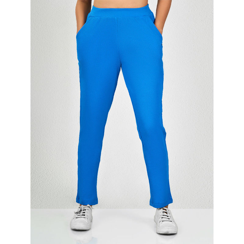 MAYSIXTY Women Cotton Waffle Blue Solid Track Pants (S)