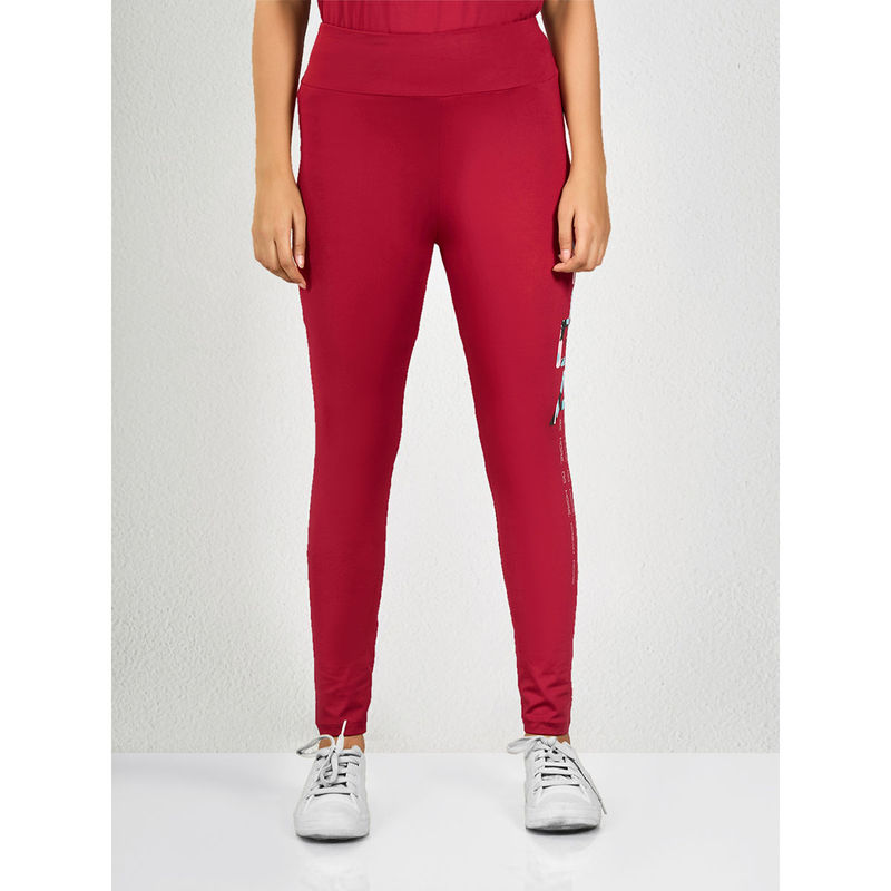 MAYSIXTY Women Poly Spandex Maroon Printed Leggings (M)