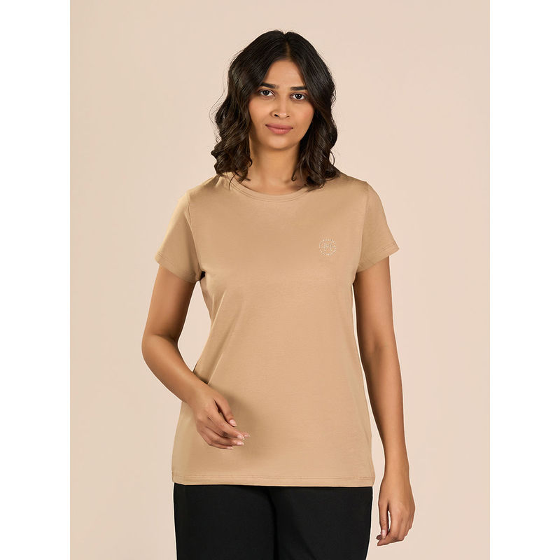 MAYSIXTY Women Cotton Spandex Brown Round Neck Shorts Sleeve Solid Top (L)
