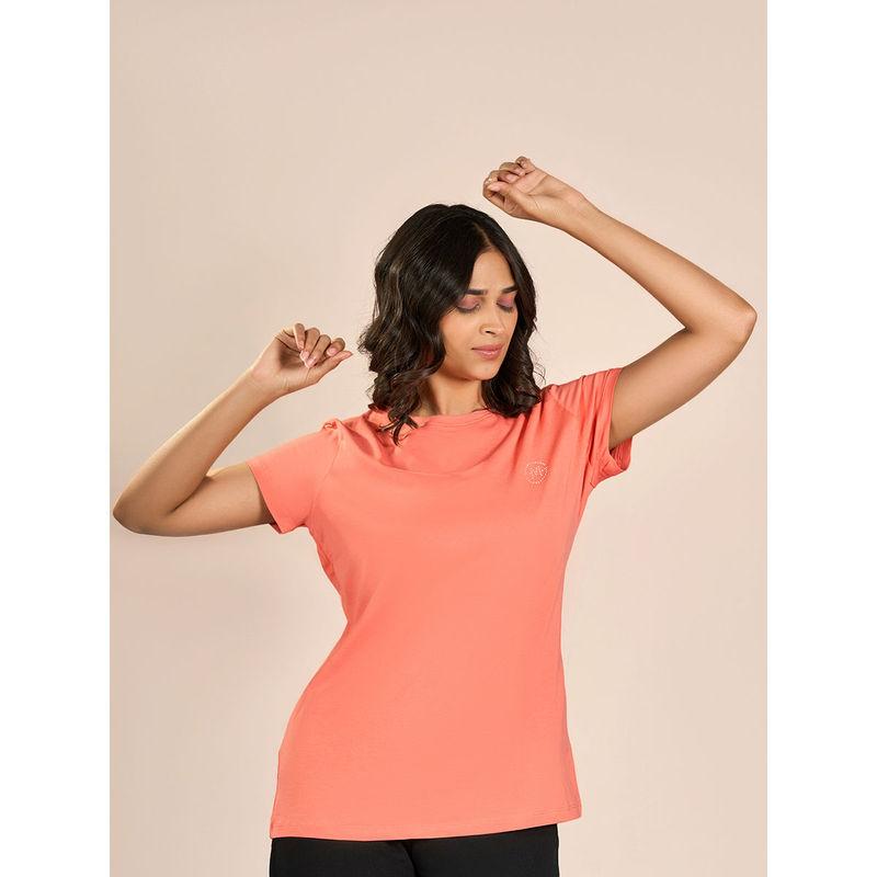 MAYSIXTY Women Cotton Spandex Peach Round Neck Shorts Sleeve Solid Top (L)