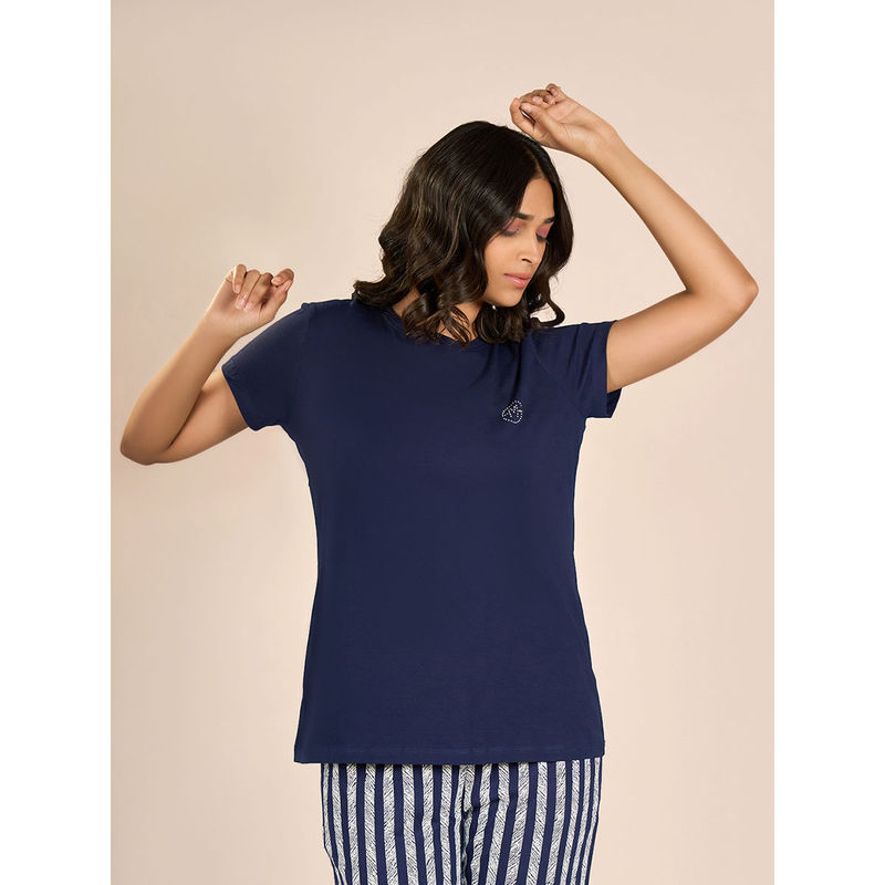 MAYSIXTY Women Cotton Spandex Navy Round Neck Shorts Sleeve Solid Top (S)