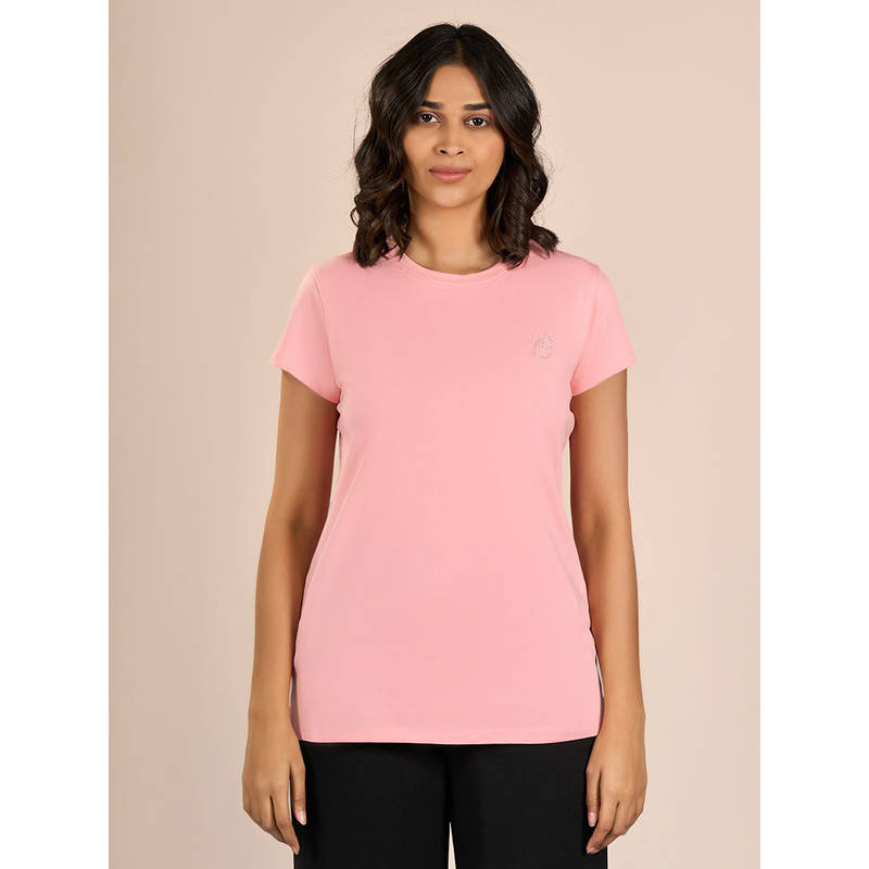 MAYSIXTY Women Cotton Spandex Pink Round Neck Shorts Sleeve Solid Top (XL)