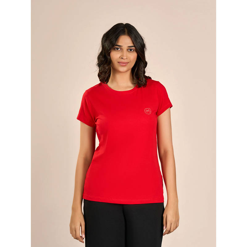 MAYSIXTY Women Cotton Spandex Red Round Neck Shorts Sleeve Solid Top (M)