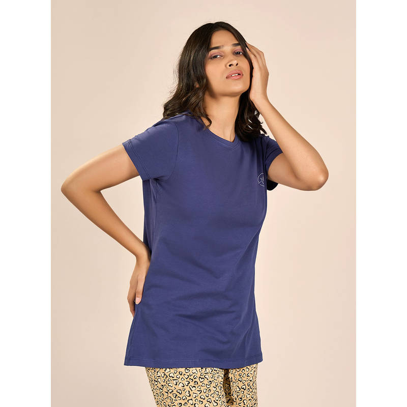MAYSIXTY Women Cotton Spandex Blue Round Neck Shorts Sleeve Solid Top (S)