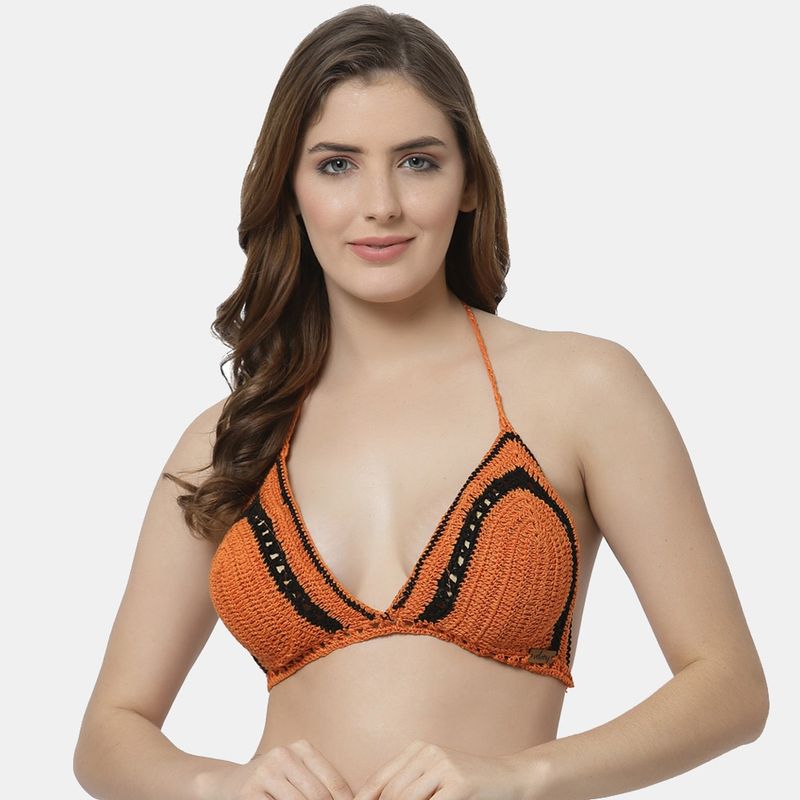 Velvery Handmade Crochet Halter Neck Dual Colour Bra - Orange (L)