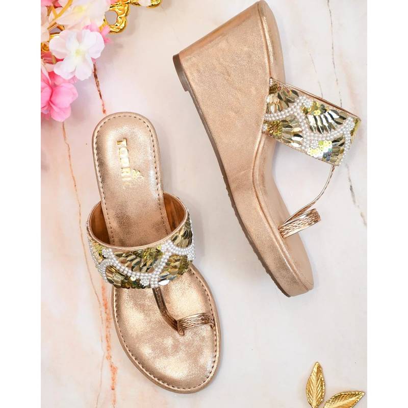 Toprico Desi Queen Beads Embellished Rose Gold Wedges (EURO 38)