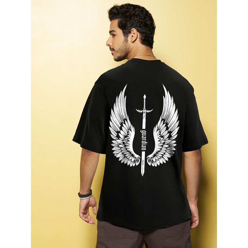 Buy Bewakoof Mens Black Guardian Wings Graphic Printed Oversized T Shirt Online