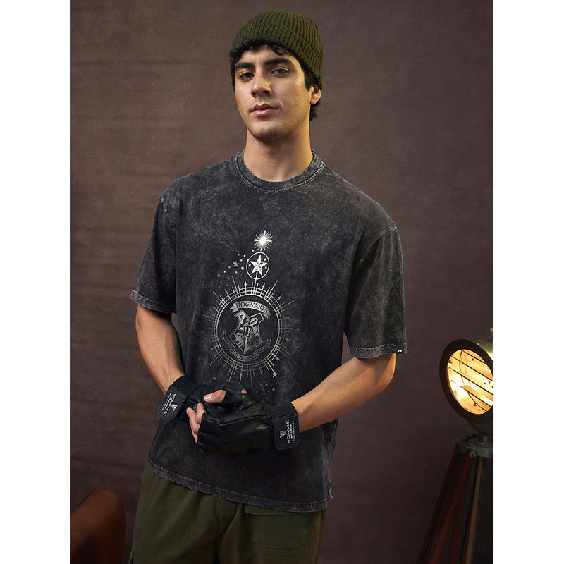 Bewakoof Official Harry Potter Merchandise Men's Black Crest Mark Oversized Acid Wash T-Shirt (M)