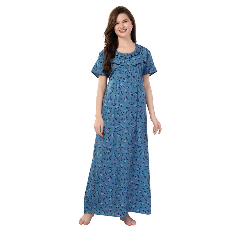 PIU Women Cotton Pleated Plus Size Nighty Blue (XL)