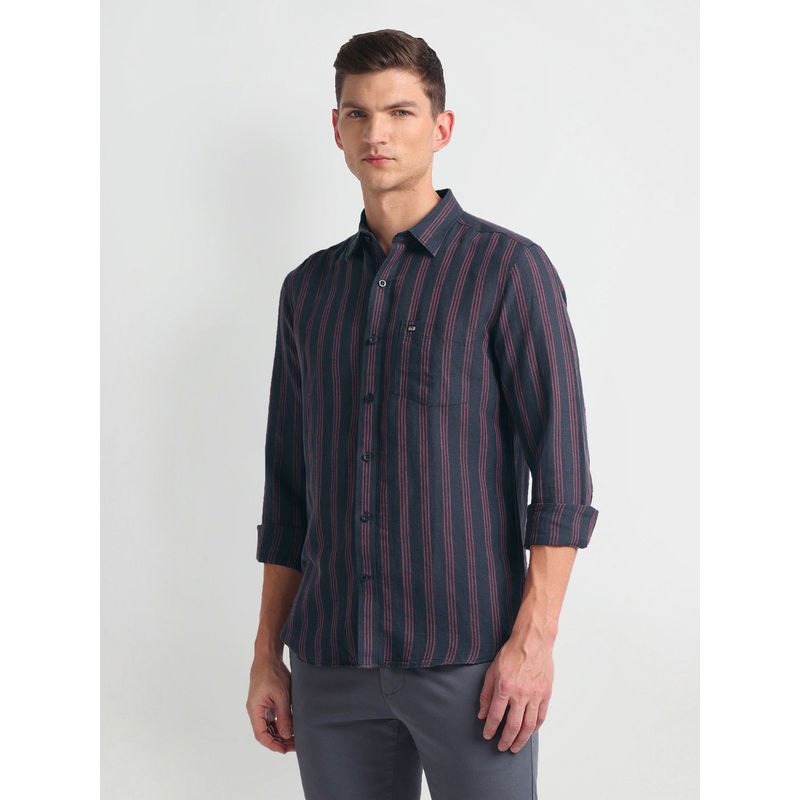 Arrow Sports Linen Blend Striped Navy Blue Casual Shirt (40)