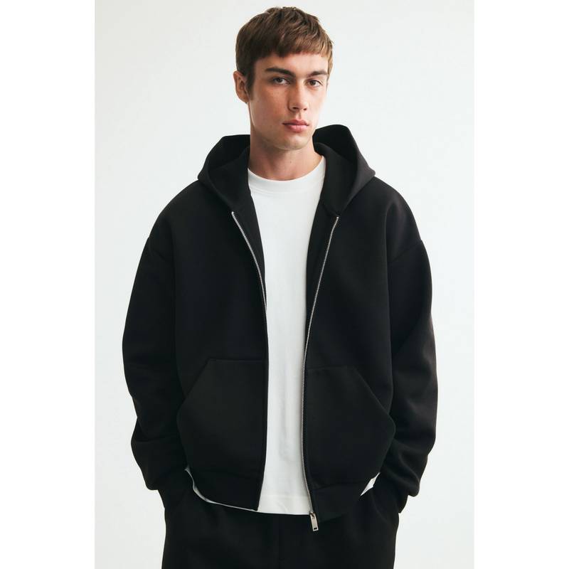 H&M Men Black Oversized Fit Interlock Zip-Through Hooded Jacket (L)