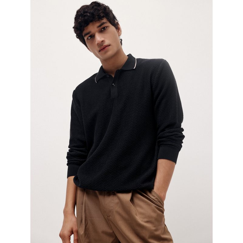 Andamen Men Wool Blend Black Collar Neck Sweater (S)