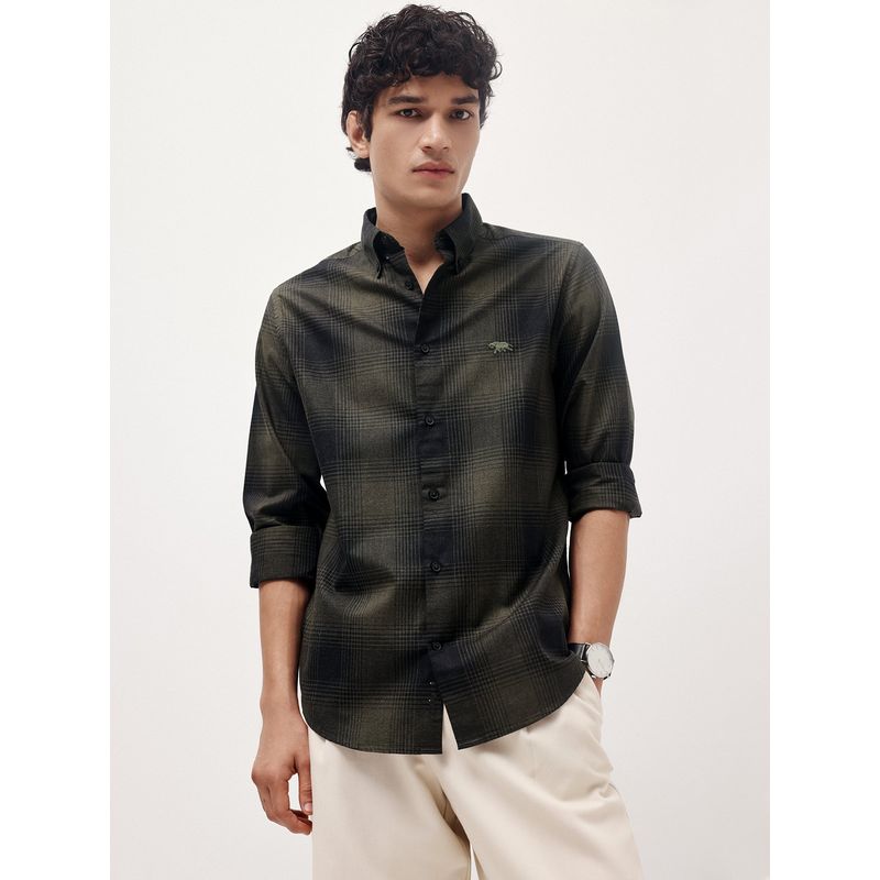 Andamen Olive Men Semi Casual Melange Cotton Slim Fit Shirt (S)