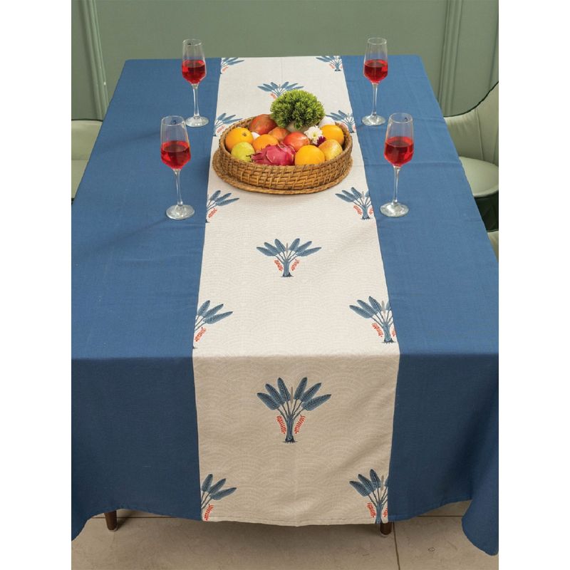Urban Space Blue & White Cotton Floral Table Cover (4 Seater) (4 Seater)