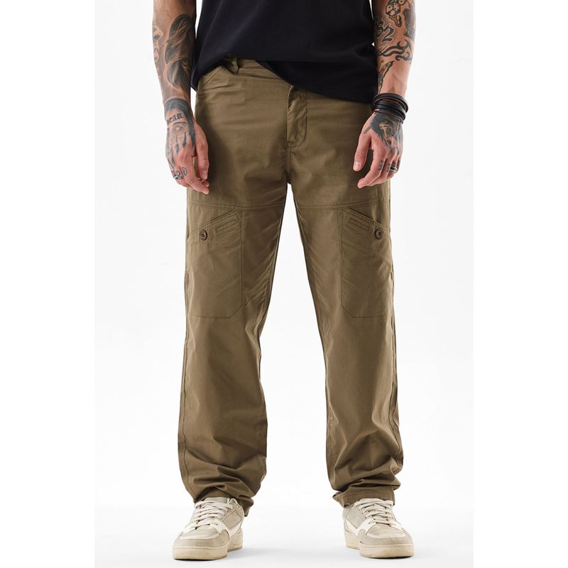Snitch Khaki Solid Relaxed Casual Cargo Pants for Men (32)
